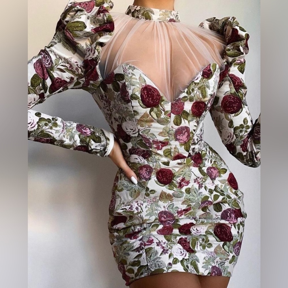 House of CB Floral Mini Dress in White, Burgundy & Green